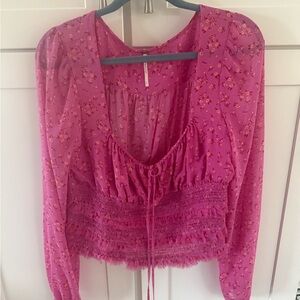 Free People Pink Floral Smocked Peasant Blouse